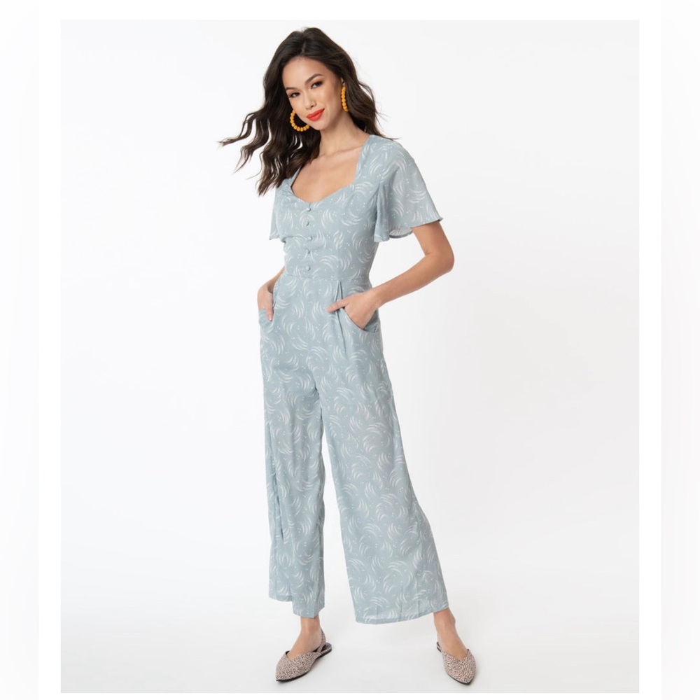 Unique Vintage 1970s Style Sky Blue & White Wave Print Jumpsuit - Medium